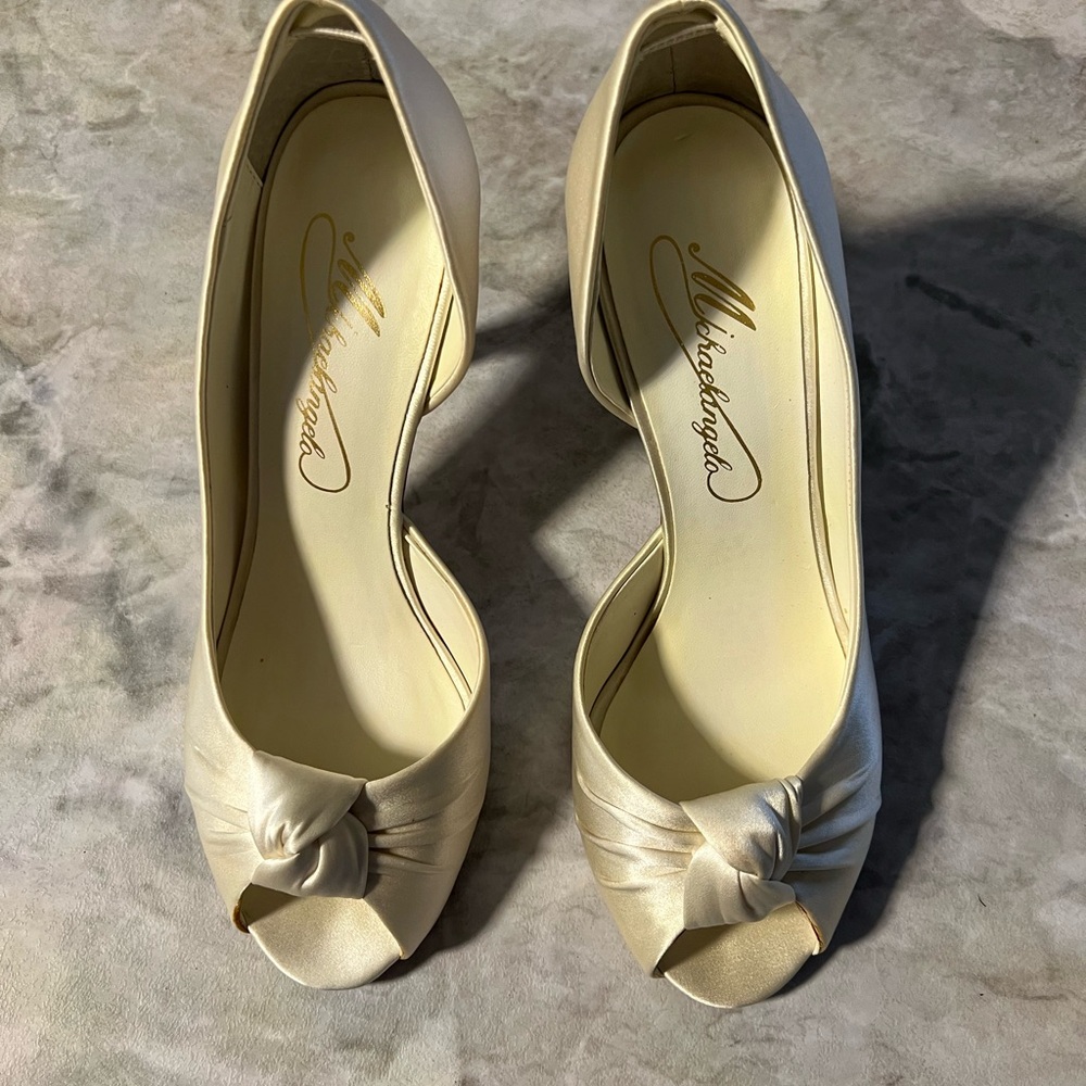 Mikael Aghal Ivory Satin Peep Toe Heels